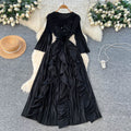 Korean style ruffle trim pleated bow dress - women's long sleeve tie-waist design a-line dress - rose red