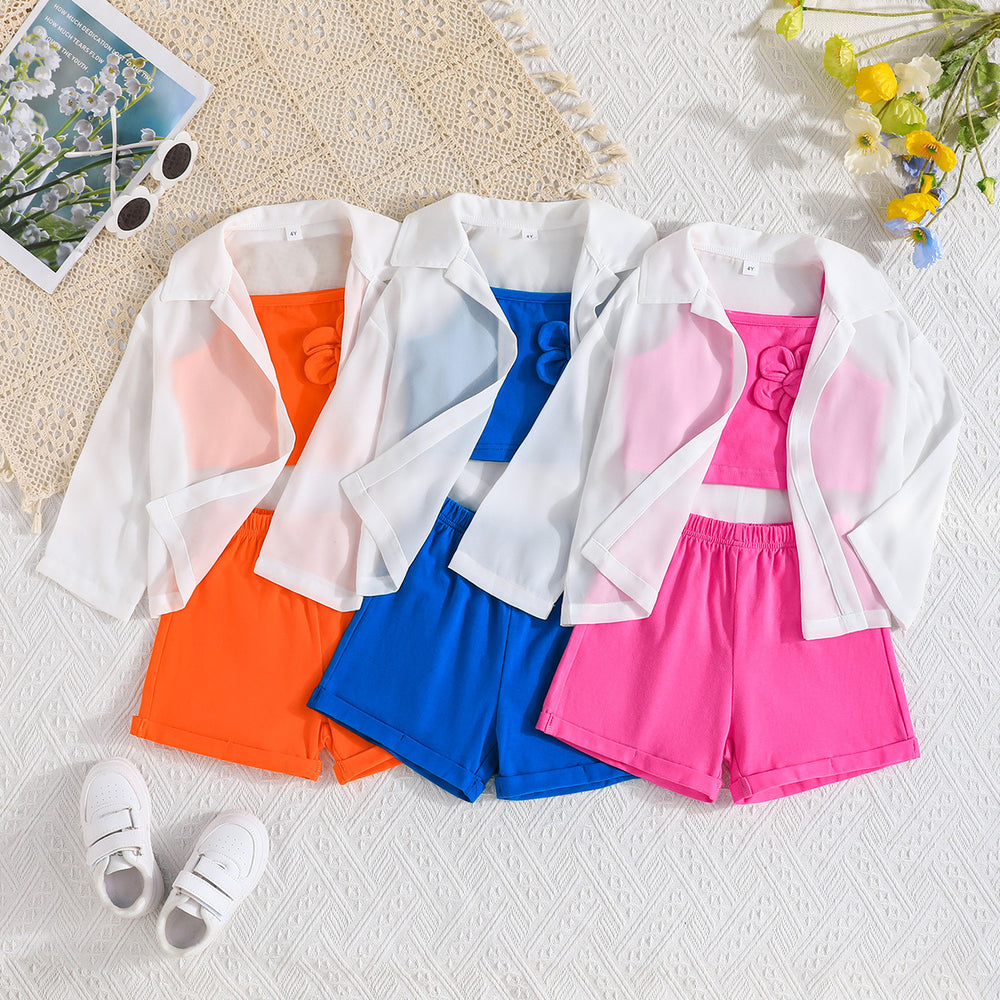 summer european and american style girls' new long-sleeved top + floral camisole vest + shorts three-piece set - direct from the manufacturer