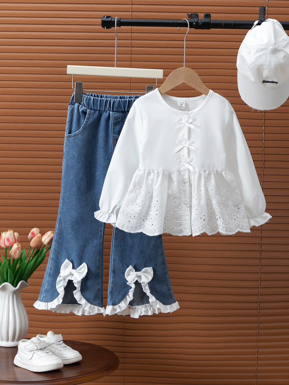 new autumn cross-border girls' fashion lace patchwork shirt + bowknot denim flare pants two-piece set
