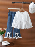new autumn cross-border girls' fashion lace patchwork shirt + bowknot denim flare pants two-piece set