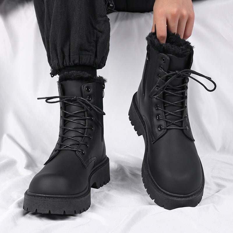 Boots men's new arrivalwinter black british style motorcycle zipper workwear boots high-top fleece-linedheattechcasual leather boots