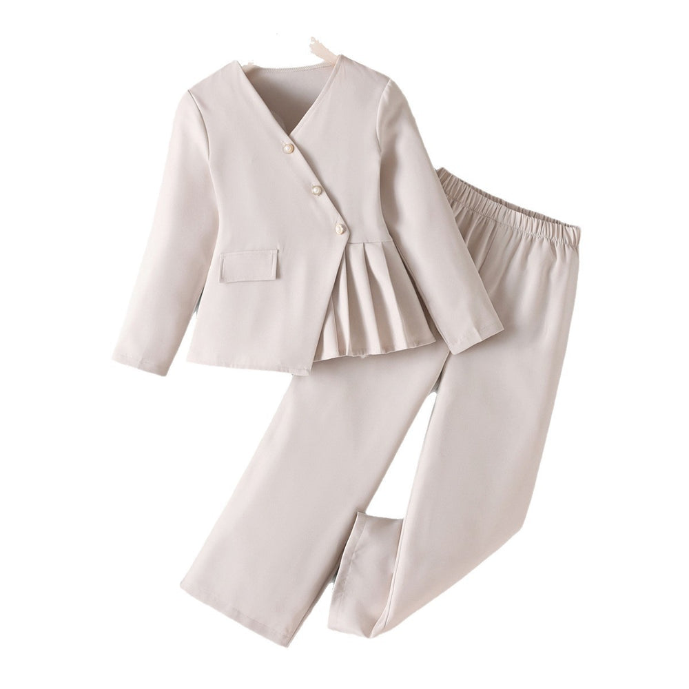 girls' two-piece set: off-white, asymmetrical, wrap-front jacket and trousers, autumn pantsuit for kids
