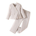 girls' two-piece set: off-white, asymmetrical, wrap-front jacket and trousers, autumn pantsuit for kids