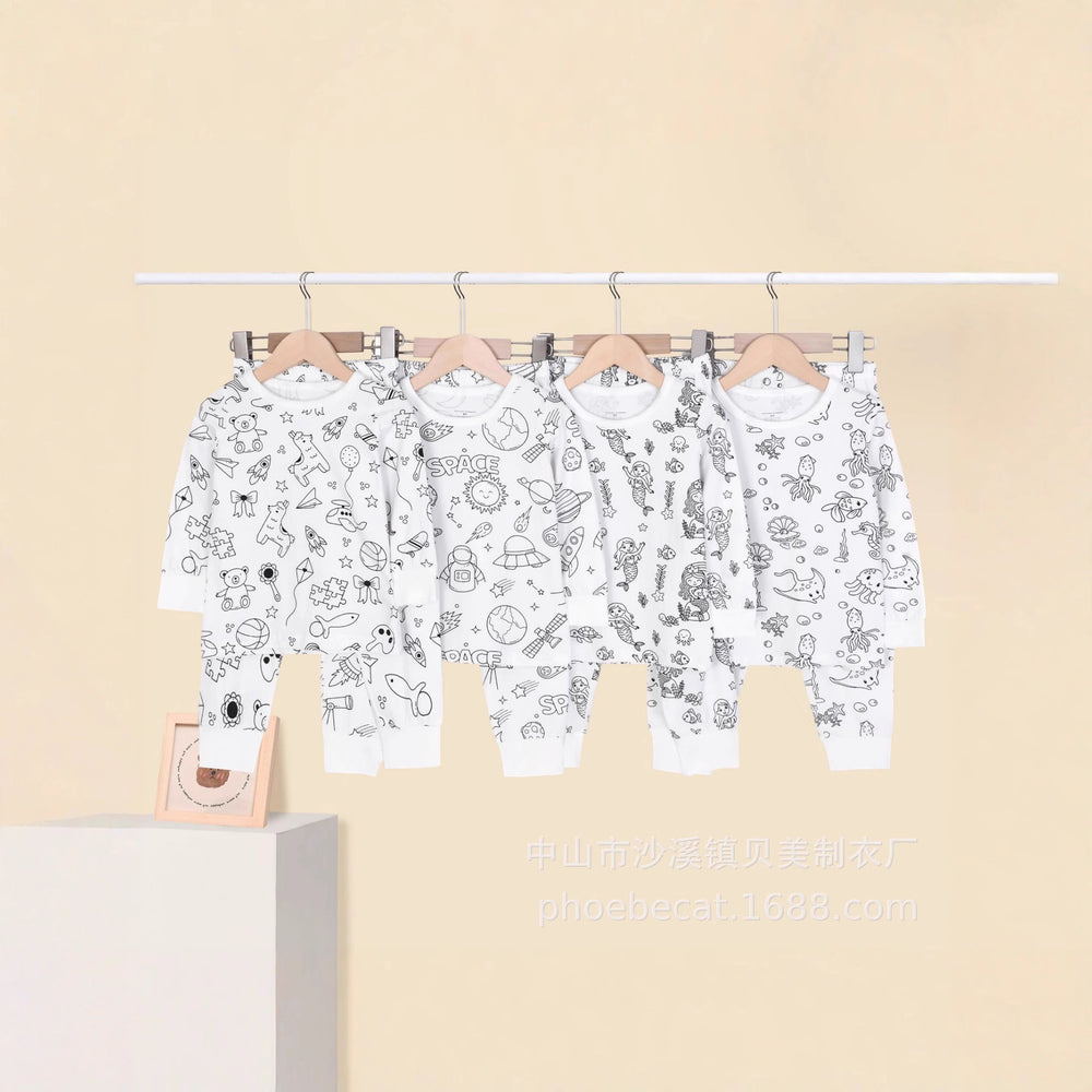 Class a cotton kids home wear suit boys and girls youth graffiti autumn clothes and long trousers close-fitting in stock wholesale