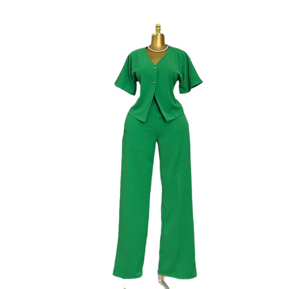 European and american cross-border women's fashion:  summer new collection - chic v-neck solid color cropped top and casual pants set