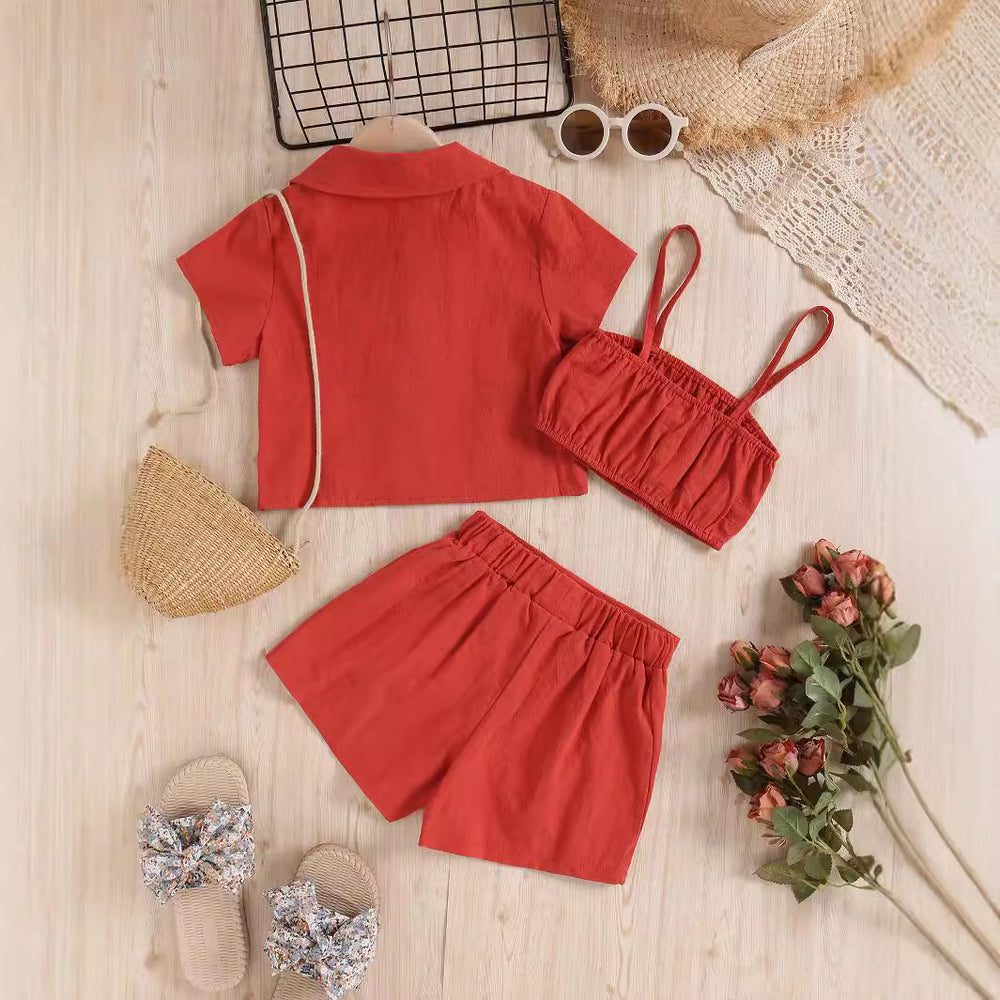new arrival children's clothing fashion short-sleeved three-piece set washed cotton sling chest wrap lapel short-sleeved shortssuit