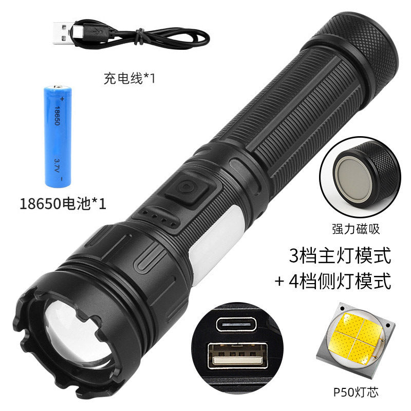 Cross-border new XHP90 + COB strong light flashlight USB charging outdoor zoom side light P160 LED flashlight