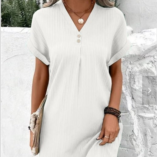 Cross-border European and American women's clothing 2025 new  V-neck solid color pullover button dress loose European and American style