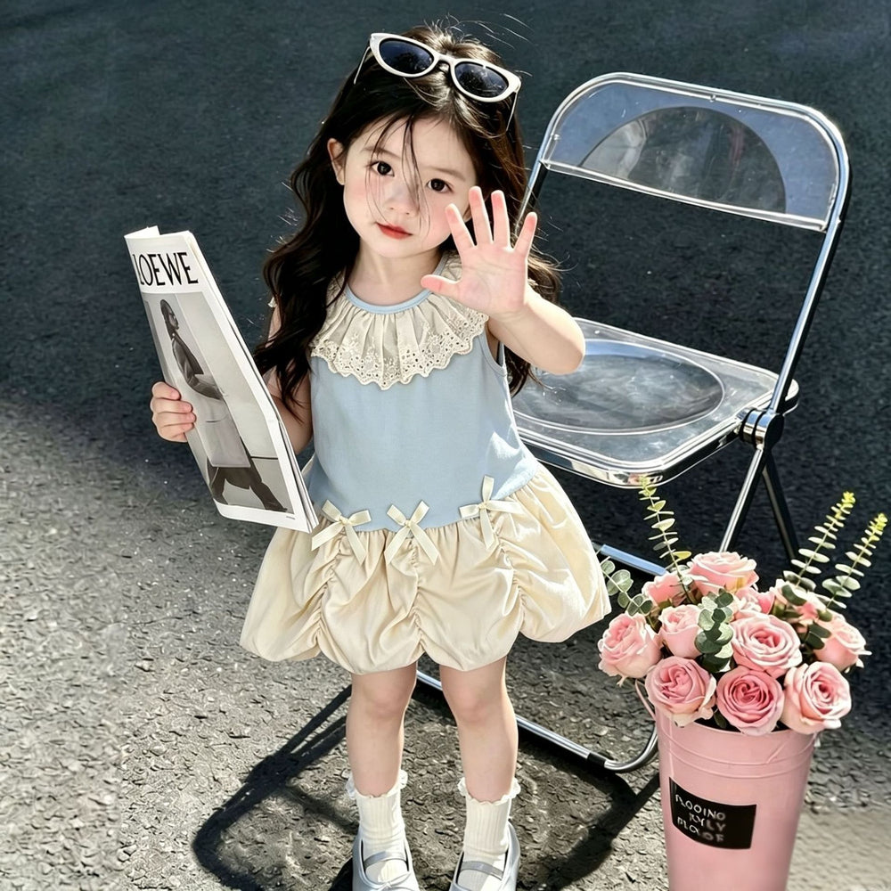 summer fresh bow design sweet & cute sleeveless lace-trimmed dress for baby girls and girls