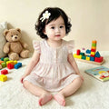 New girls' lace-trimmed round neck flutter sleeve summer floral print smocked waist a-line sweet princess dress romper