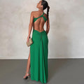 Fashion style oblique shoulder dresspure color pulloversexybackless evening dress long socialite style slit skirt export