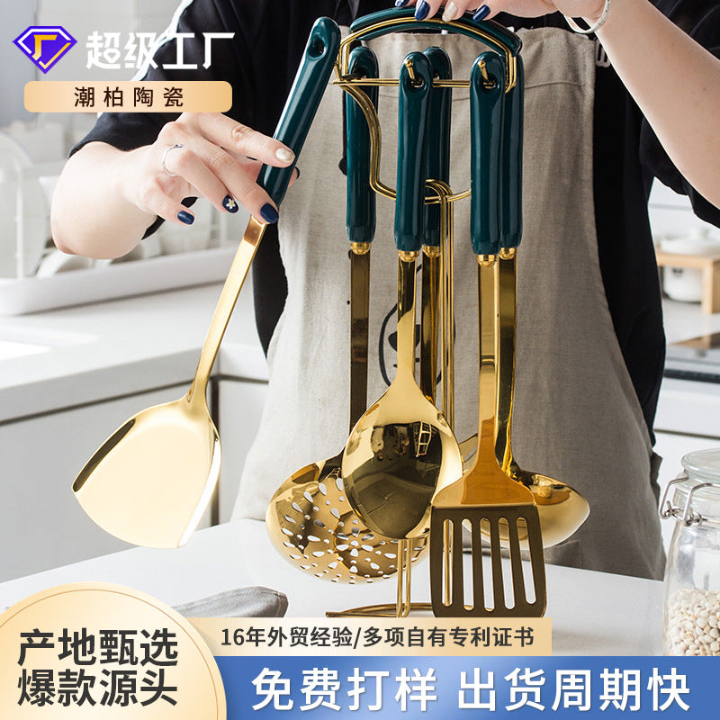 Custom nis cookware set - emerald stainless steel cooking spoons, spatulas, ladles with custom ceramic handles for kitchen use