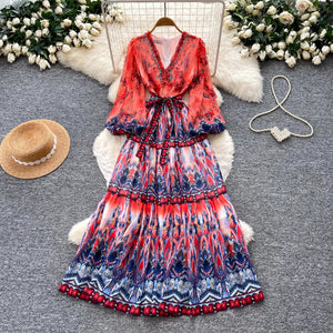 Bohemian print dress - women's v-neck long sleeve tie-waist a-line maxi dress - elegant resort style - autumn  collection