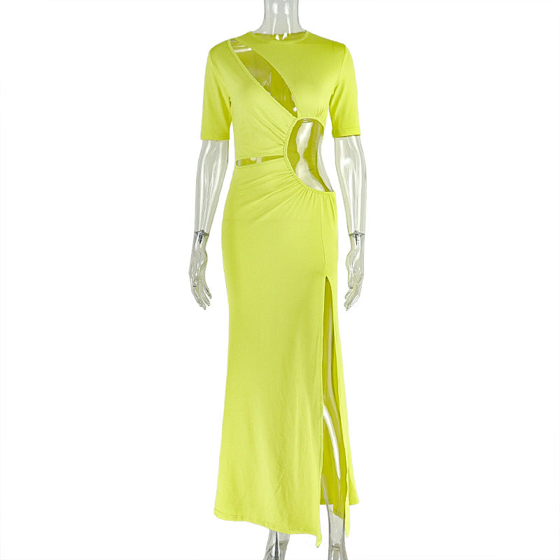 European and american style cross-border elegant women's fashion hollow-out slit socialite irregular skirt round neck solid color pleated dress