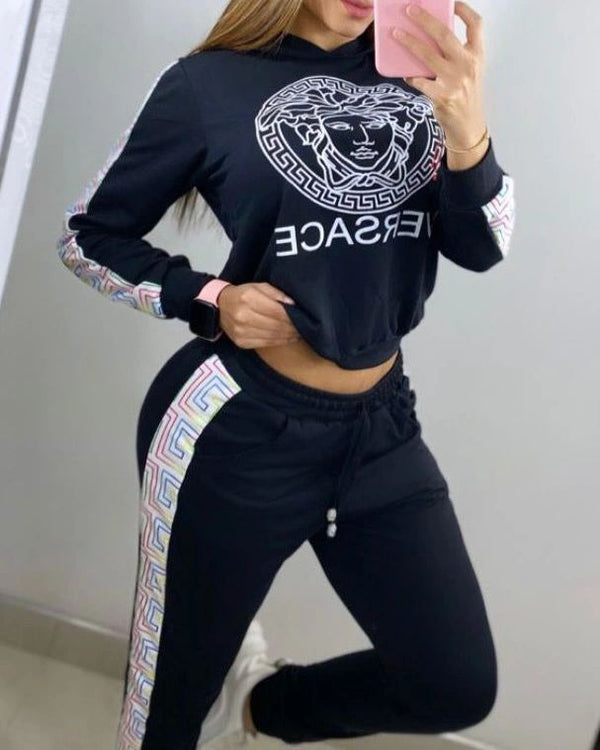 Y5233 Spring and Autumn, European and American women's clothing, fashion letter digital printing casual sports hooded, two-piece set