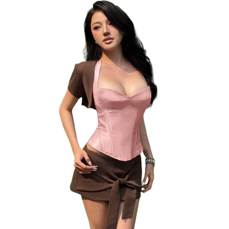 summer new women's sexy & sweet halter top with asymmetrical neckline & tie-waist mini skirt set