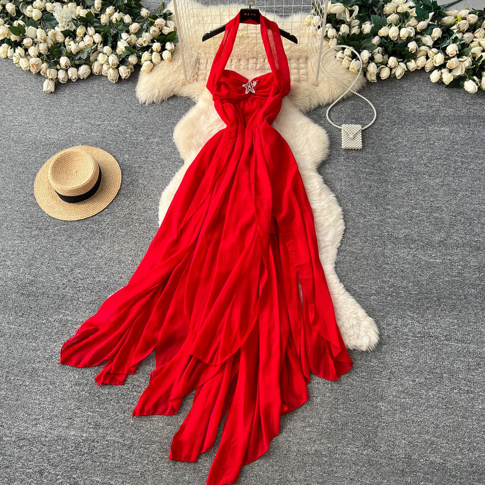 Vacation style halter star elegant style dress female yellow high waistslimming lookasymmetrical long skirt sexyelegant skirt