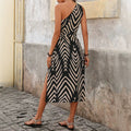 Summer women's one-shoulder waist cutout knot detail high slit geometric print dress