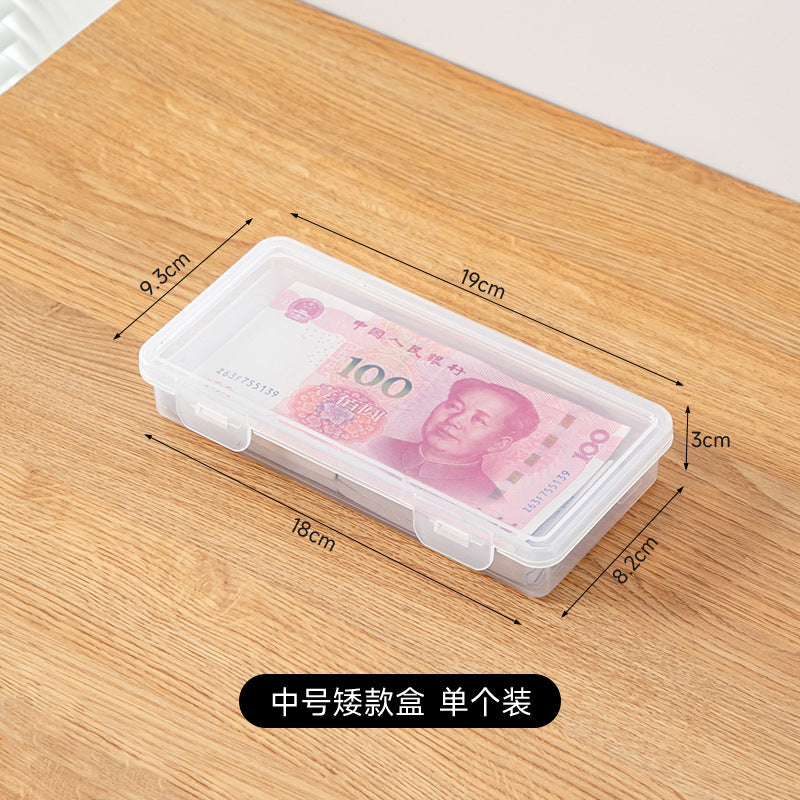Banknote coin storage box, transparent plastic with lid, small card storage box with partition, postcard card storage box.