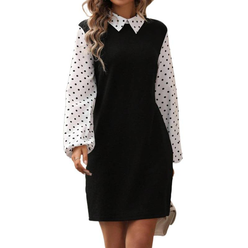 fashion  autumn new arrival polo collar polka dot printing lantern sleeve elegantshortdress