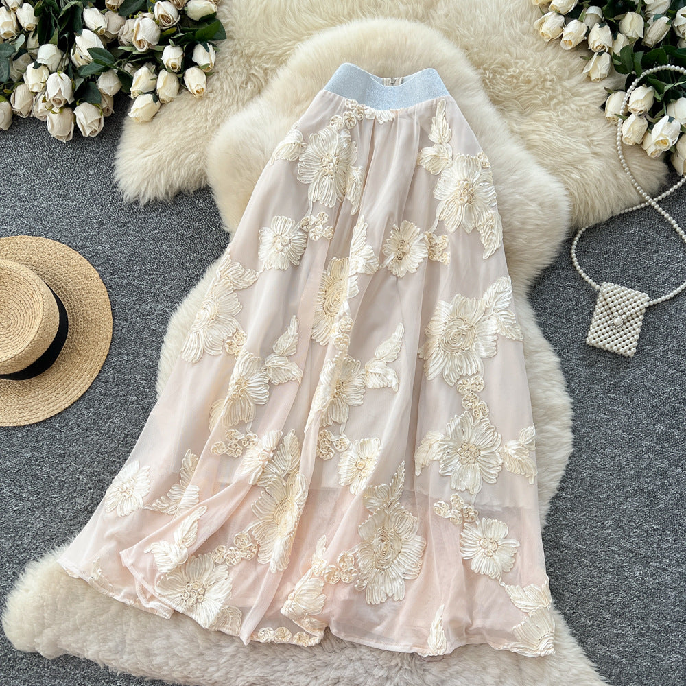 Frenchniche stylefashioneasiest for matchflowerembroiderhigh waist mesh skirt women's autumclassy sense of style mid-length skirt