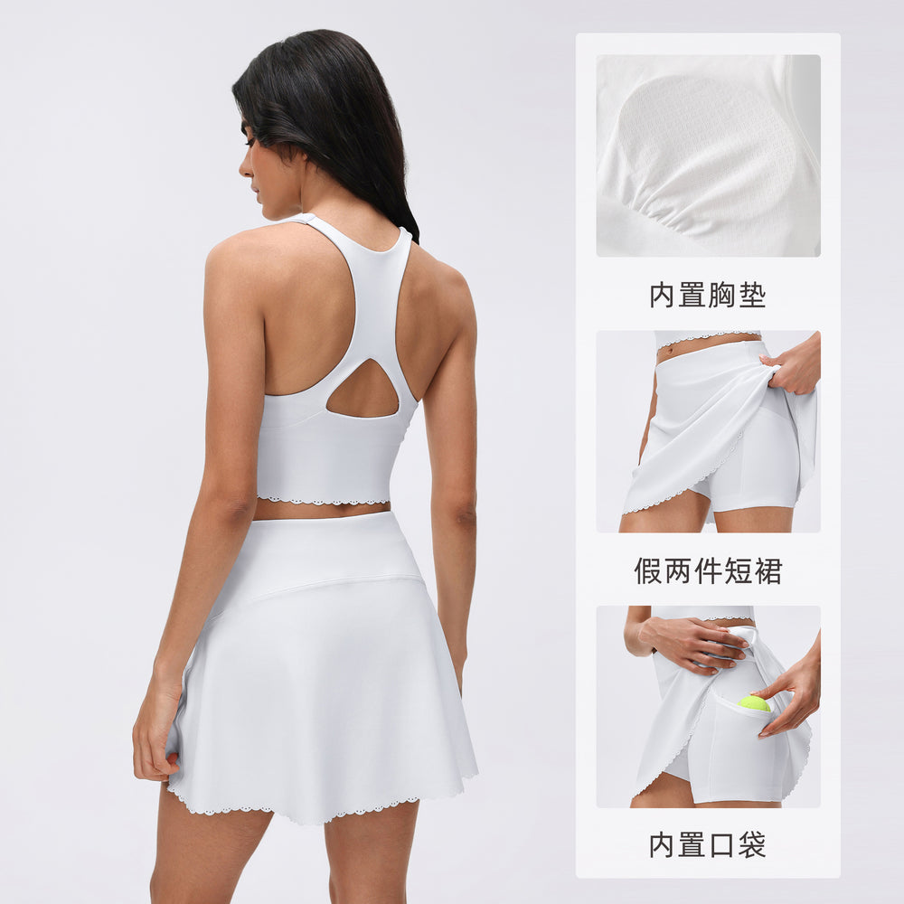 Yoga tennis skirt suit for women with chest pad fitness sports vest fashion tape lined sports skirt two-piece set