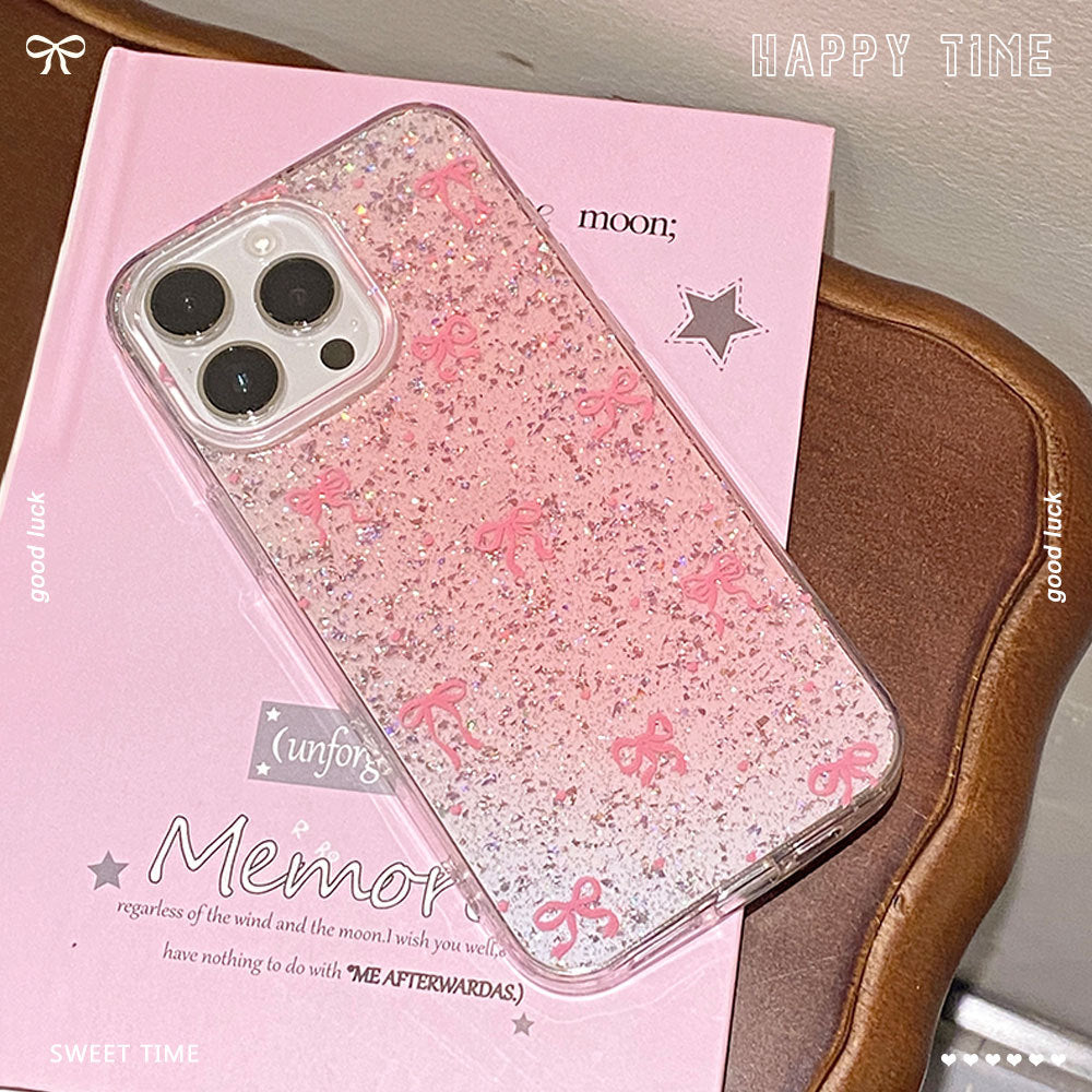 Center pink bow glue glitter suitable for iphone17promax mobile phone case apple 16 anti-fall protective cover