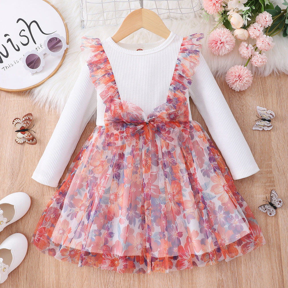 Spring/autumn long-sleeved floral mesh dress for toddlers and young children - hot cross-border seller