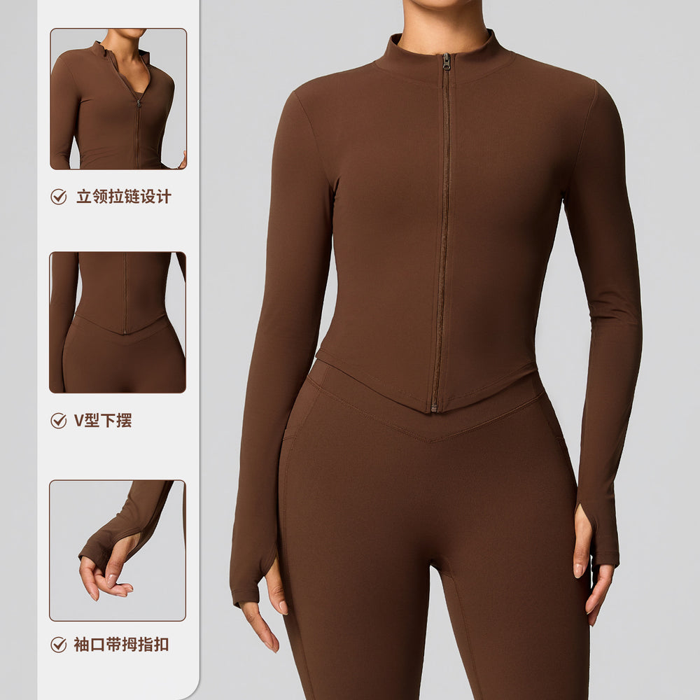 European and american style cross-border long-sleeve yoga top cardigan zipper quick-dry sports jacket stand collar slim fit outdoor fitness apparel