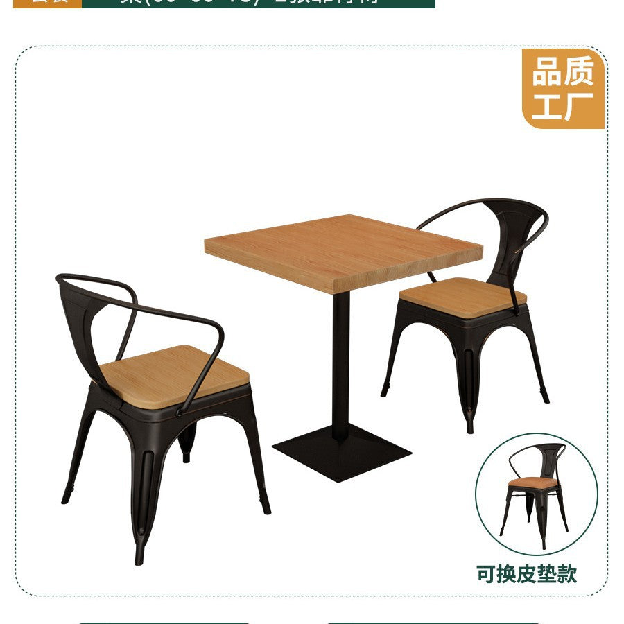 Cafe square table square wrought iron solid wood dining table commercial staff restaurant snack bar table and chair combination 1016