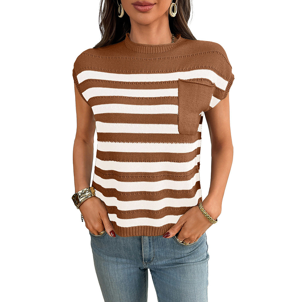 2025 summer new  European and American women's clothing  women's crew neck top thick needle casual striped sweater