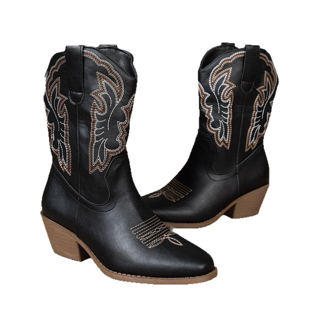 Western cowboy boots women's  embroidered chunky heel mid-calf boots new retro cross-border foreign trade plus size equestrian boots wholesale