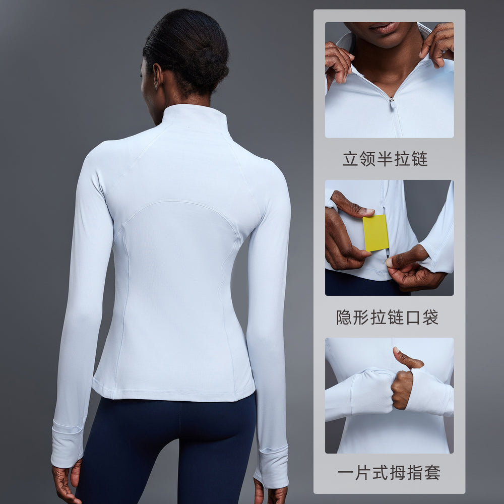 Autum half-zip long sleeves yoga wear stand collar silmslimming look fitness tops running sports t-shirt d25150