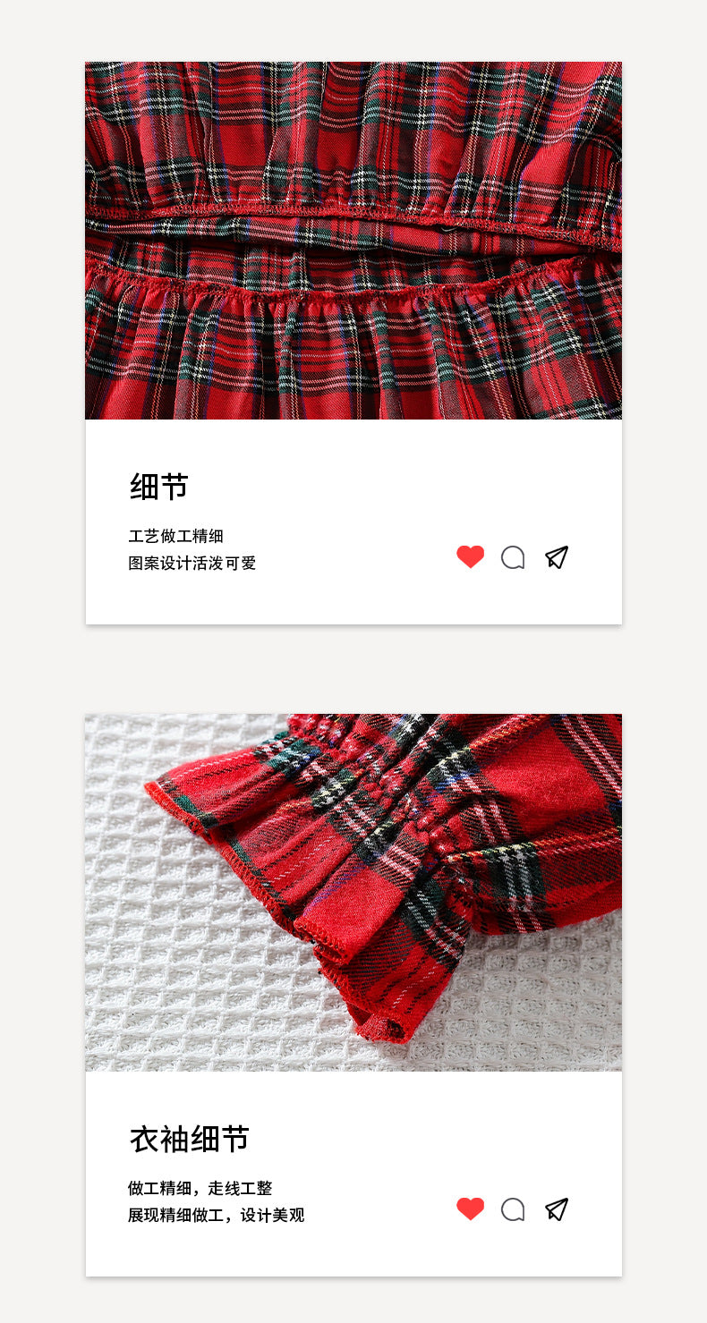 girls' christmas red dress - lolita style plaid lace high neck bow long sleeve a-line skirt