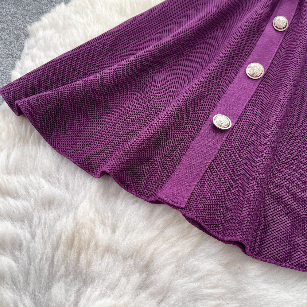 French chic sleeveless knit mini dress - summer a-line, slim fit, metallic buckle, purple, elegant