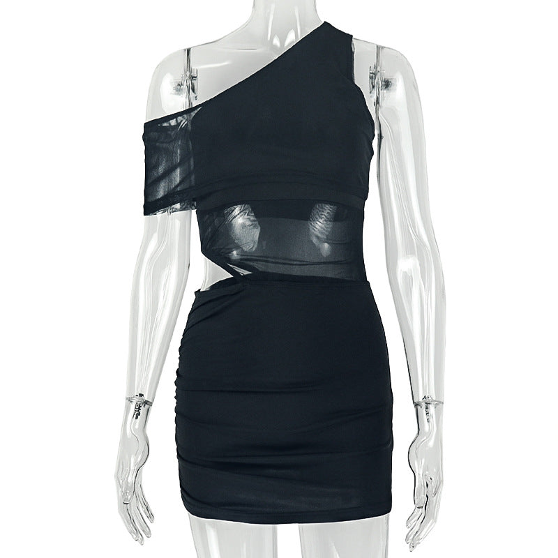 European and american style cross-border asymmetrical neck solid color women's bodycon midi dress with sheer details, elastic design, and long sleeves in mesh