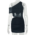 European and american style cross-border asymmetrical neck solid color women's bodycon midi dress with sheer details, elastic design, and long sleeves in mesh
