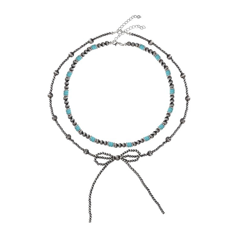 European and american cross-border jewelry amazon hot-selling bow necklace turquoise imitation pearl western cowboy style necklace