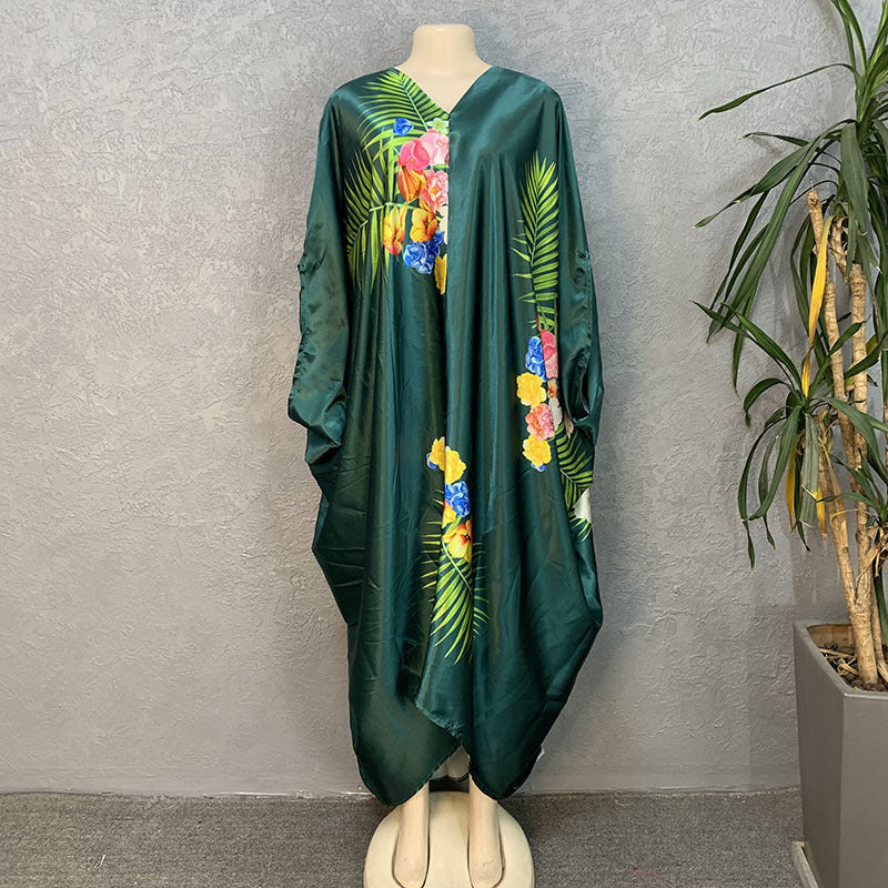 Faux silk printed loose fit plus size women's african style batwing sleeve maxi dress