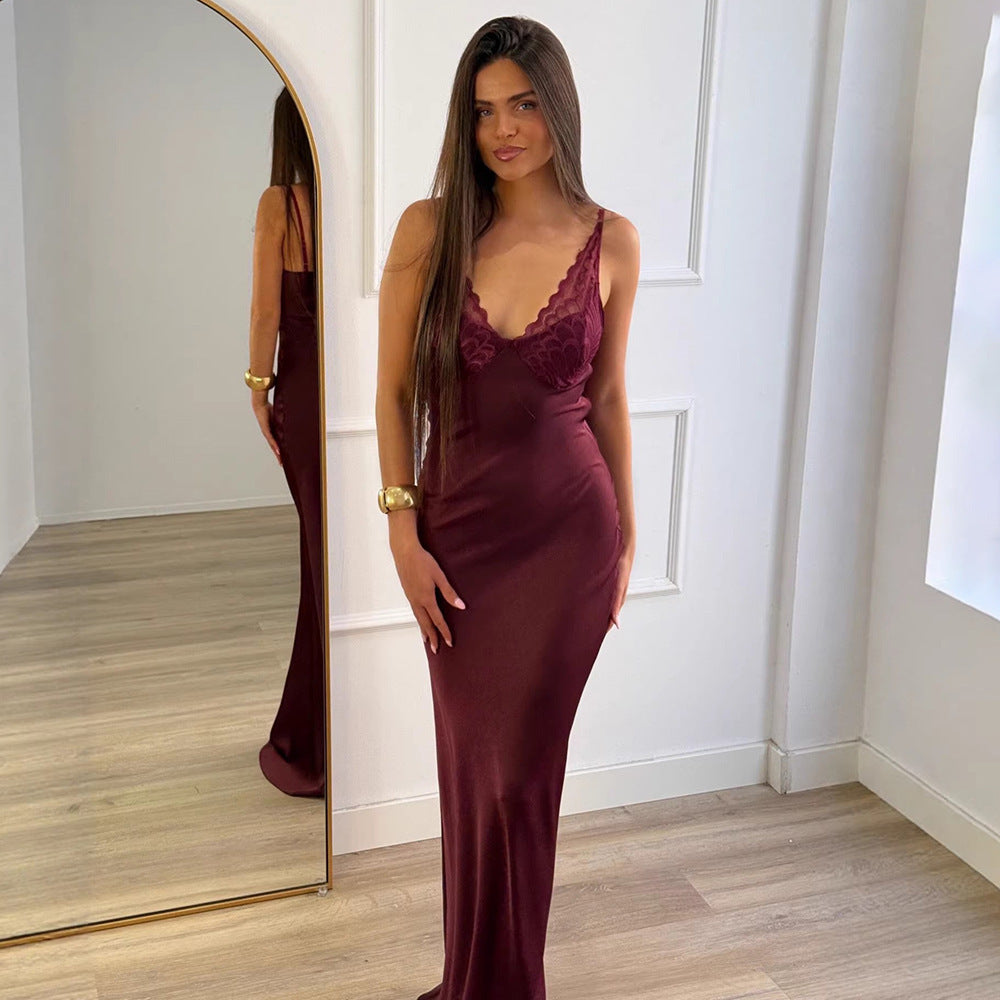 Amazon women's clothing  new arrival: elegant, luxurious, and sexy camisole maxi dress - deep v-neck, slim fit, open back