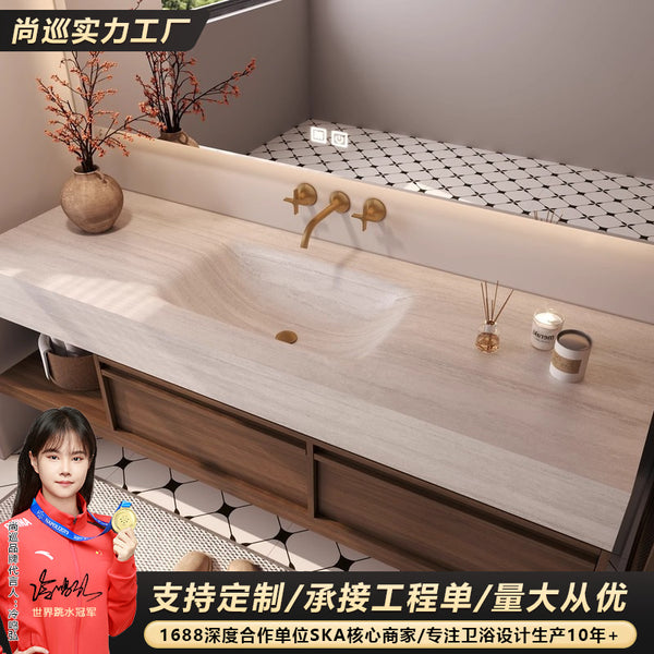 [Customized] Medieval style rock slab hot bending integrated basin bathroom cabinet hand wash face toilet wash table manufacturer