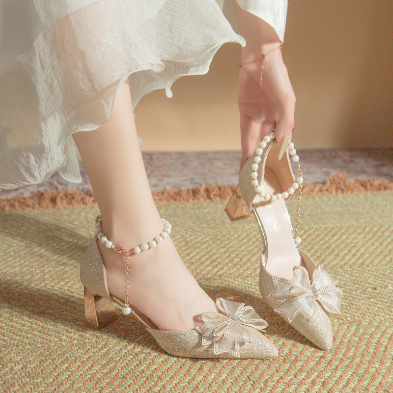 High heels women's 2024new arrival hollow women's shoes thick heel pointed toe main wedding dress wedding shoes women xiuhe flats princess sandals