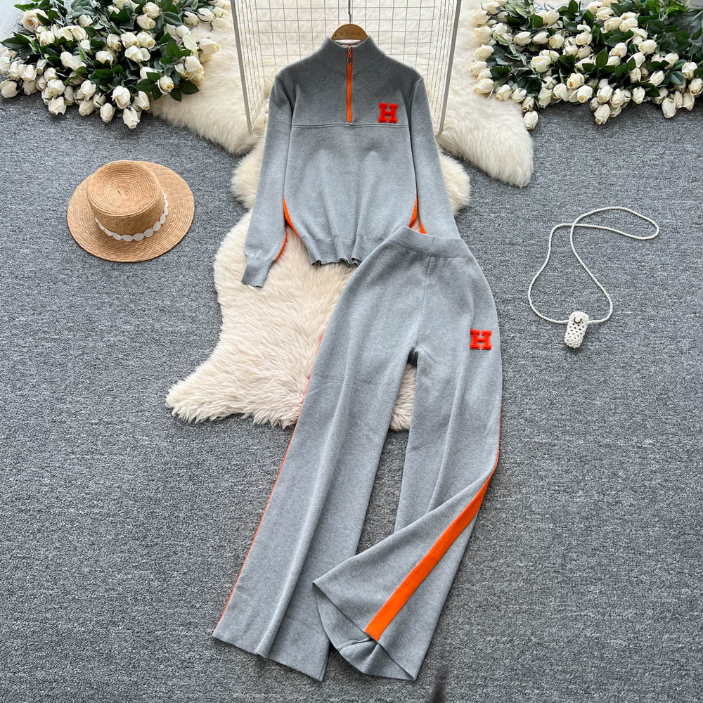 Women's casual activewear set - autumn design: color block letter embroidery stand collar half-zip knit top & wide leg pants