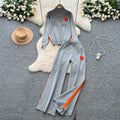 Women's casual activewear set - autumn design: color block letter embroidery stand collar half-zip knit top & wide leg pants