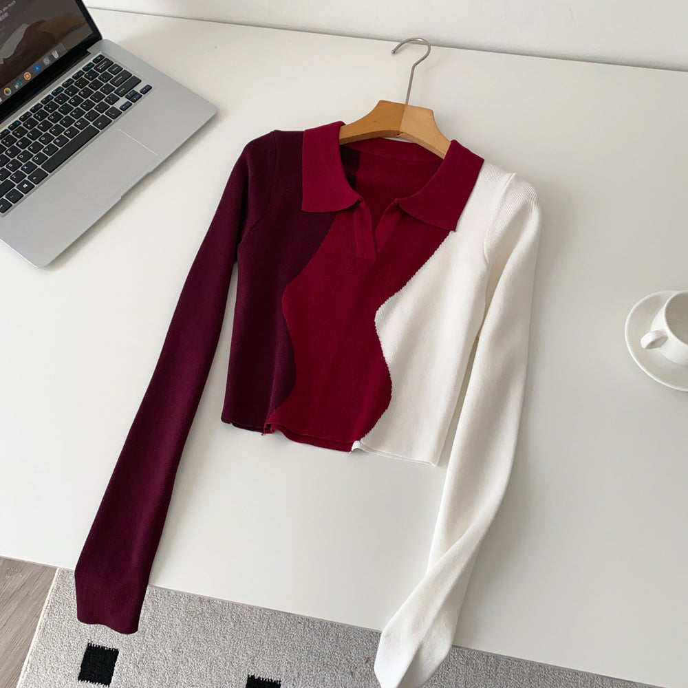 Niche stylesense of designretrofashion color matching polo collar long sleevesknitting shirt women's autumslimslimming lookshorttops