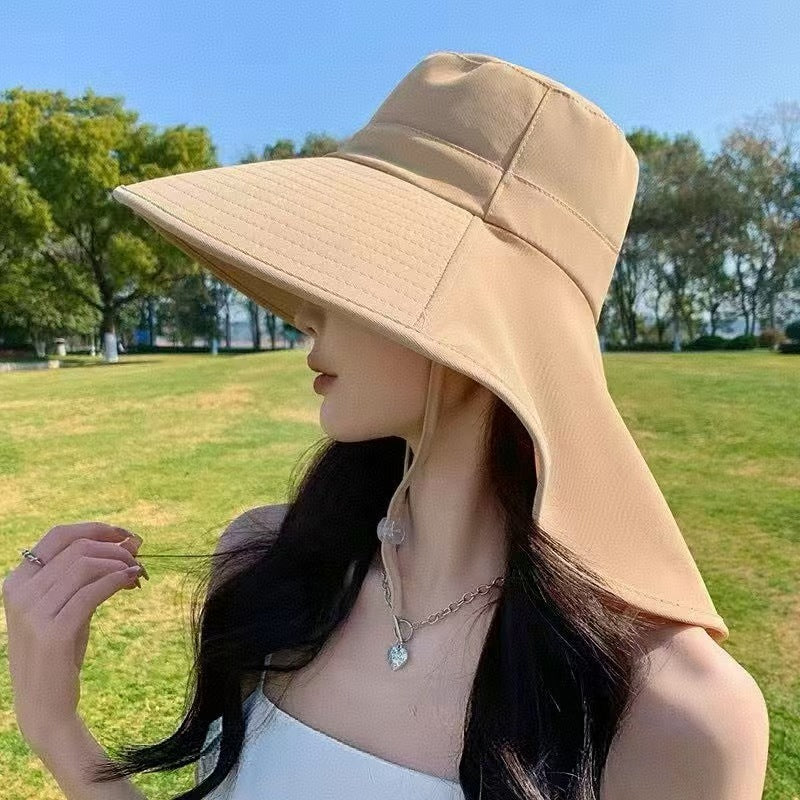 Large brim sun protection integrated tea picking hat women's summer anti-ultraviolet sunshade neck protection shawl bucket hat can tie a ponytail
