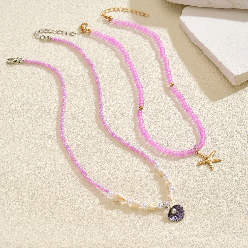 Wholesale sweater accessories necklace - european and american cross-border ins style shell alloy choker with purple seed bead layered necklace