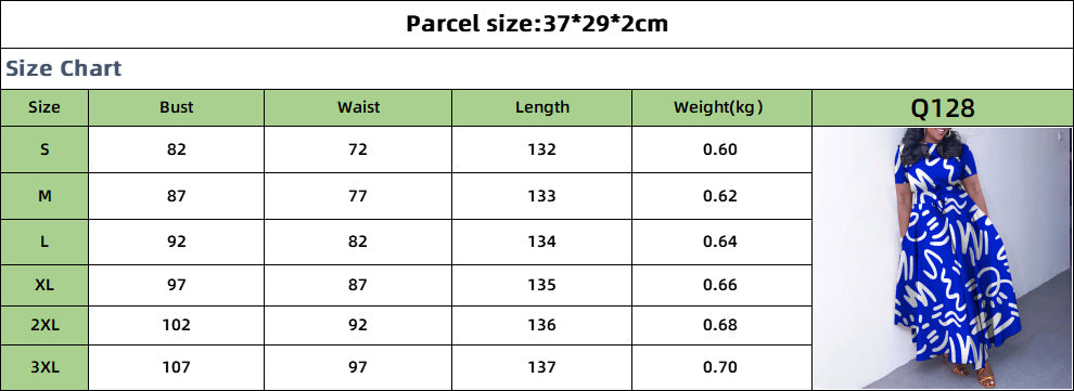 Q128 cross-border fashionable short-sleeve printed plus-size high-waisted a-line midi dress - new european and american style