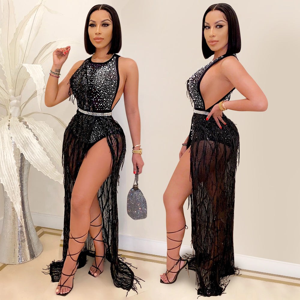 C3710 cross-border new arrival: fashionable european and american nightclub style rhinestone and sequin mesh sexy tassel two-piece dress set for women