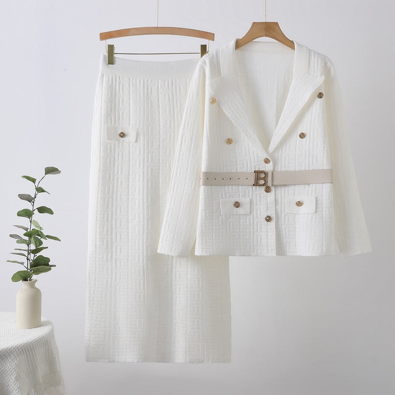 new european and american fashionable and elegant herringbone jacquard knitted export two-piece knit set dress